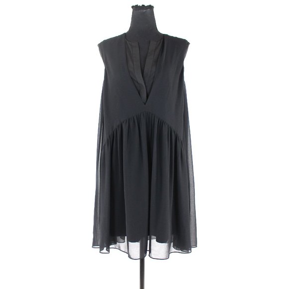 Sandro Black V-Neck Sleeveless Draping Sheer Chiffon Mini Dress 2 Pleated Paris - Picture 1 of 7